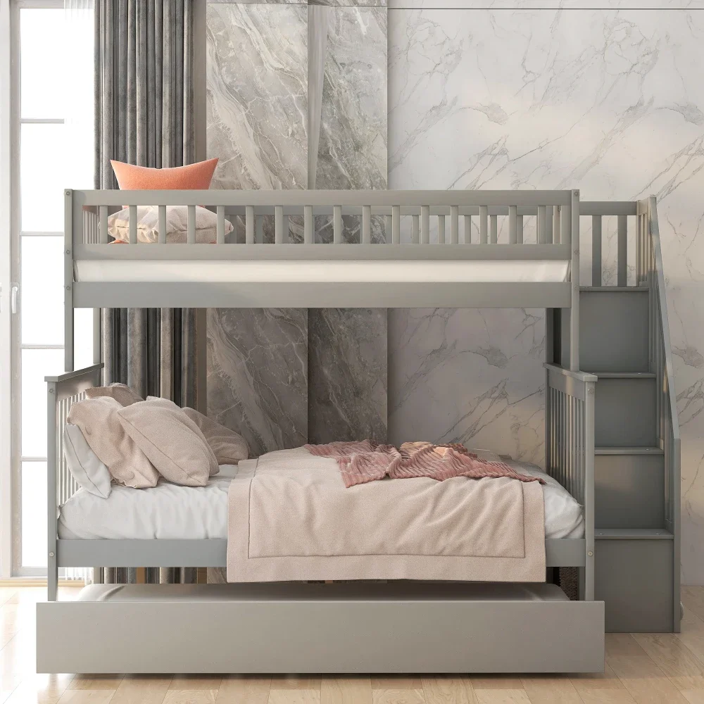 Children Beds Twin Over Full Bunk Bed with Trundle and Staircase,Gray Bunk Beds Kids Bed Boys Bunk Beds Wooden Bed Twin for Girl