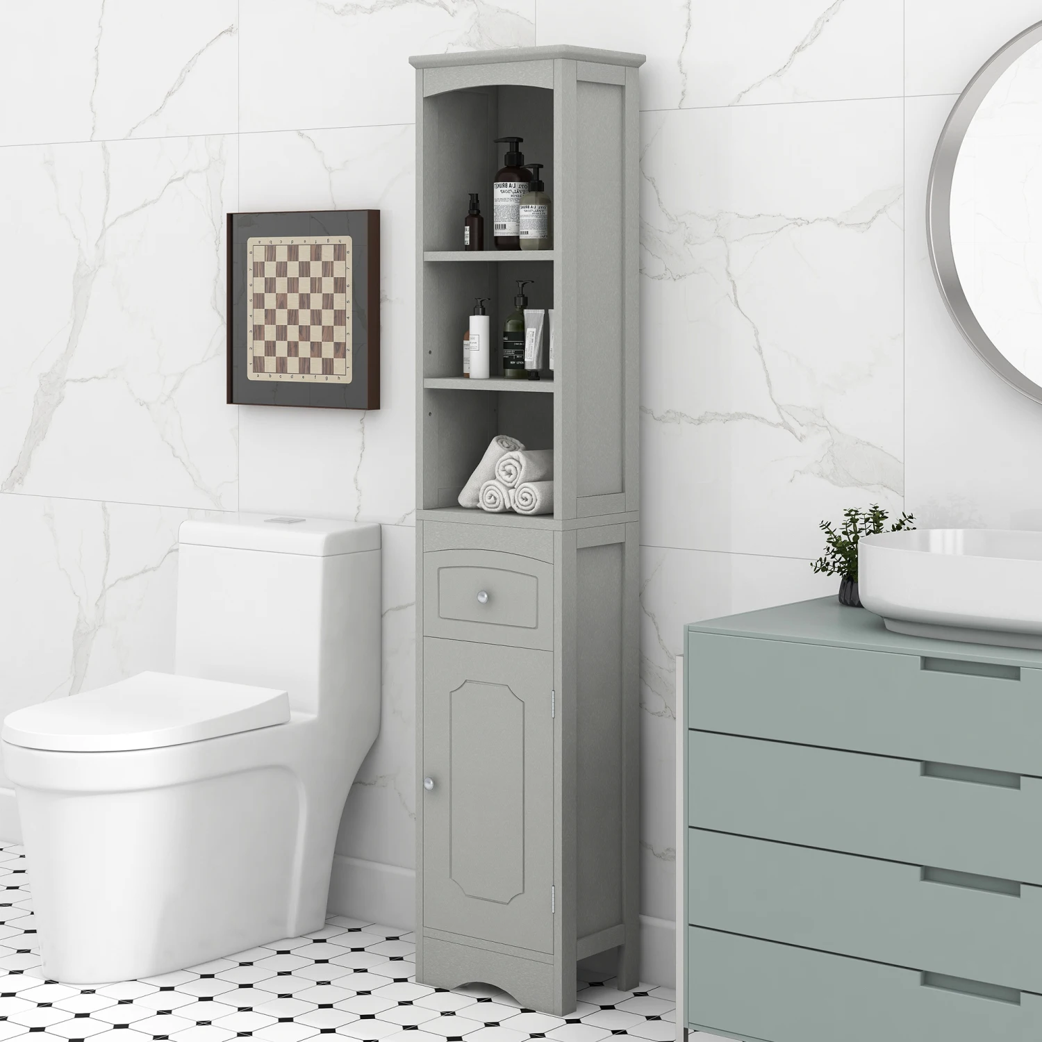 

Tall Bathroom Cabinet, Freestanding Storage Cabinet with Drawer, MDF Board, Adjustable Shelf, Grey