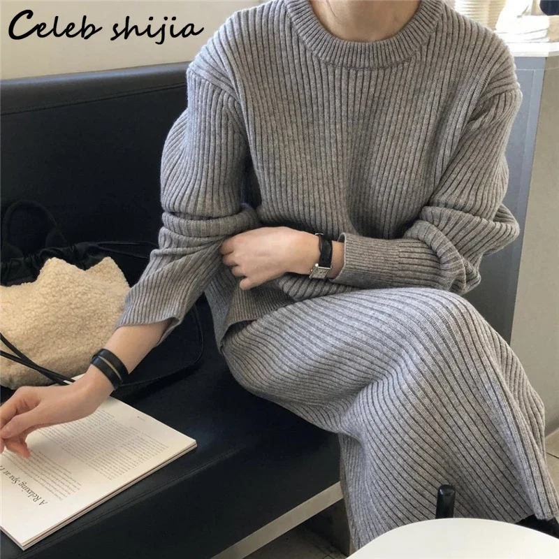 Chic White Knitted Dress Sets Woman Loose O-neck Sweater and High Waist Skirts Female Korean Autumn Winter Elegant 2 Piece Sets