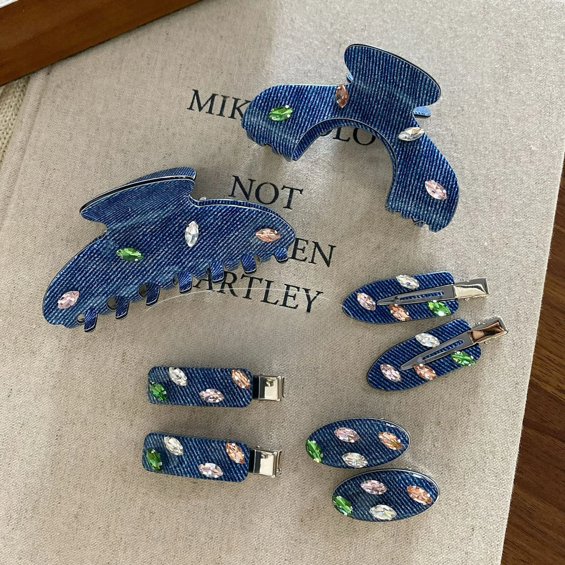 

Trendy Denim Rhinestone Hair Clips Sweet Stylish Hair Claw Clip Bangs Accessories for Women