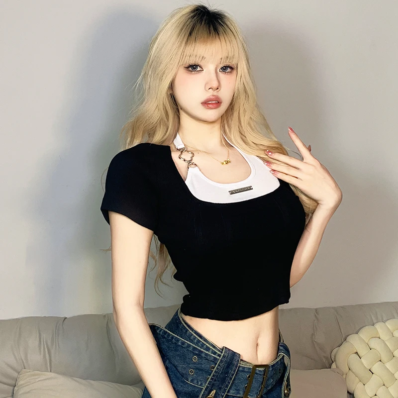 달콤하고 매콤한 스타일 반팔 티셔츠 여성 여름 상큼한 숏 기장 배꼽 노출 탑 라운드 넥 출퇴근 한국 버전