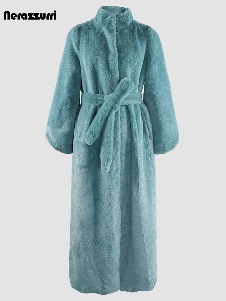 Nerazzurri Winter Extra Long Warm Soft Fluffy Faux Fur Coat Women Stand Collar Sashes Plus Size Furry Overcoat 5xl 6xl 7xl 2024