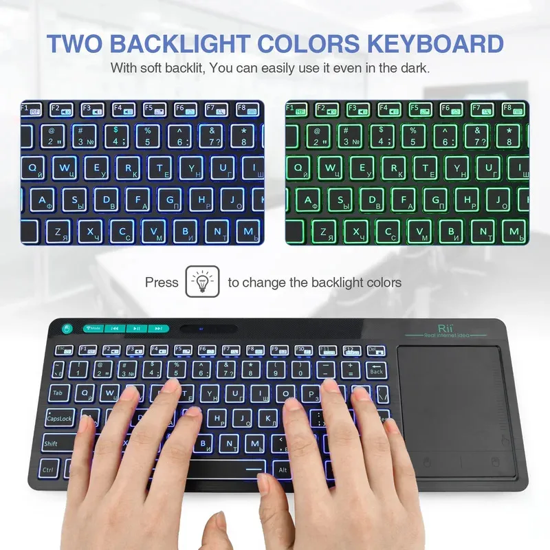 Rii RT518S Mini Bluetooth Wireless 2-LED Color Backlit Multimedia Keyboard Mouse Rechargable Keyboard For Android TV Box /PC