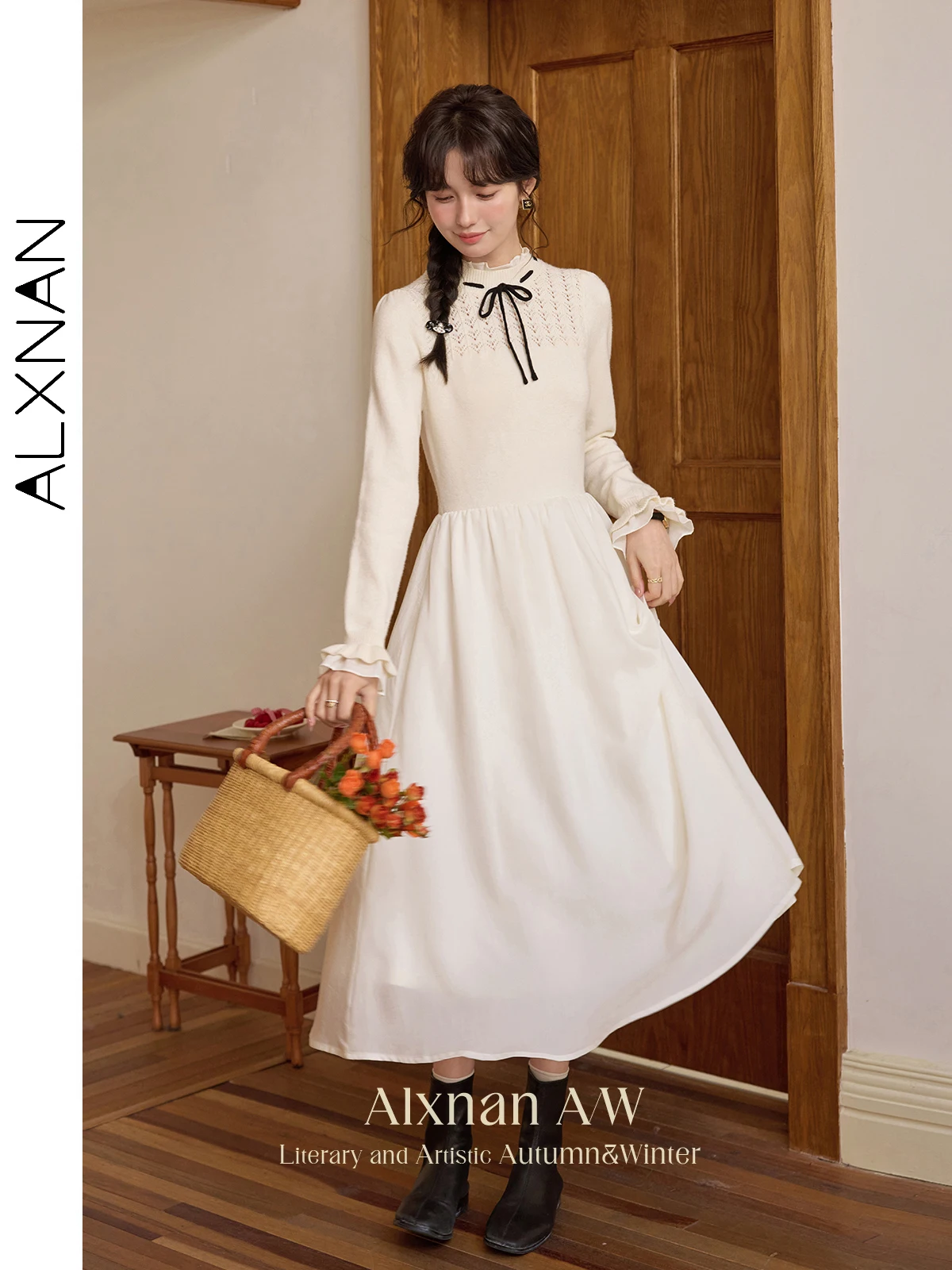 

ALXNAN Women Apricot Dresses Bow Lace-up O-neck Ruffled Sleeve A-line High Waist Midi Dress Winter Warm Female Clothing L52603
