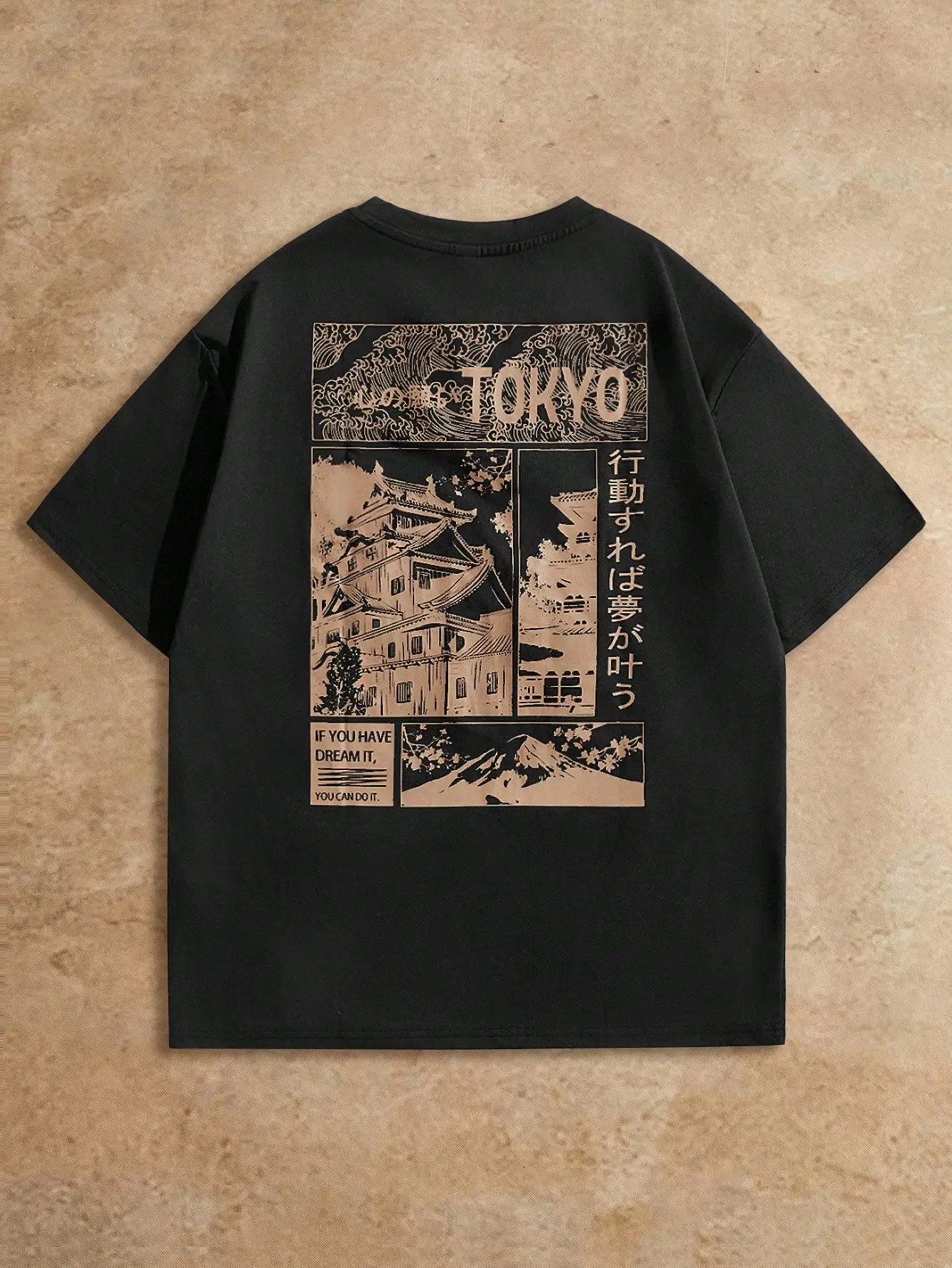 Loose Fit Men's Graphic Print Casual T-Shirt with Japanese-Inspired Art Design