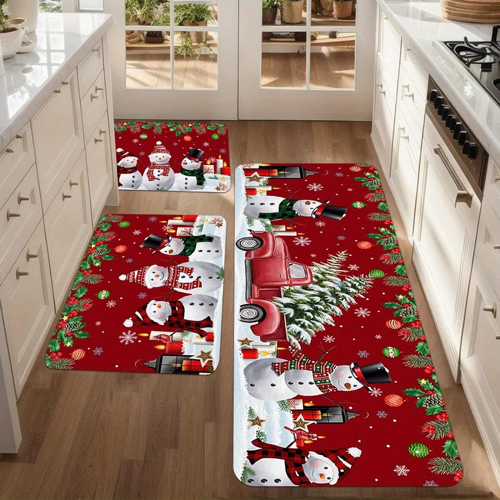 Red Truck Snowman Floor Carpet Christmas Kitchen Mat 1/2/3pcs Doormat Non Slip Runner Rug Home Decor Living Room Carpet