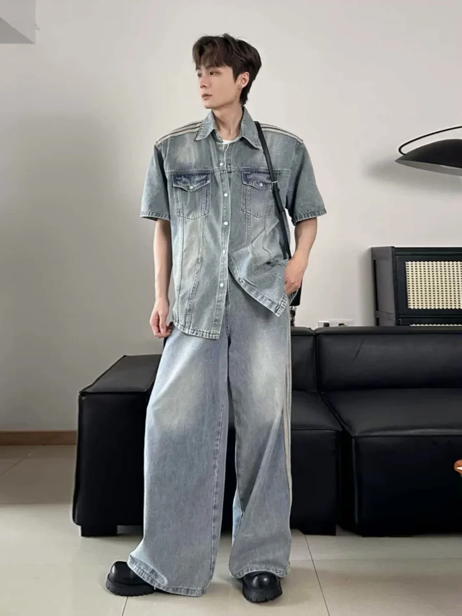 

Мужской джинсовый комплект Waed Denim: куртка с подплечниками и длинные брюки в американском ретро-стиле для повседневного молодежного образа