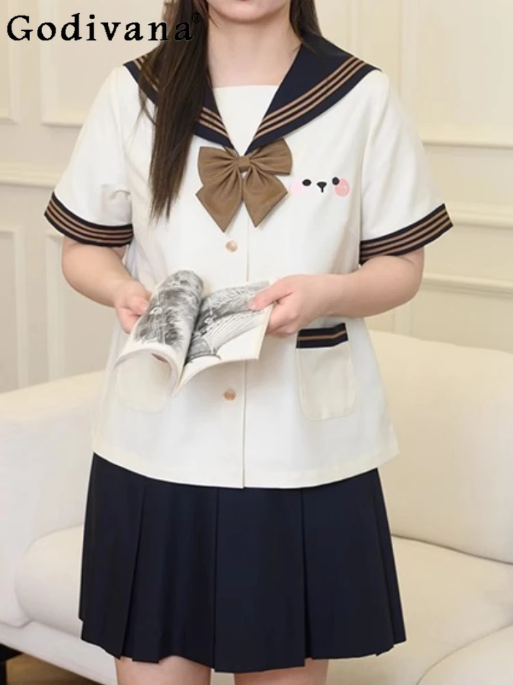 

XL-7XL Large Size Jk Elegant Japanese Navy Collar Sailor white Short Sleeve Top Girl Sweet College Age-reducing Pleated Skirt