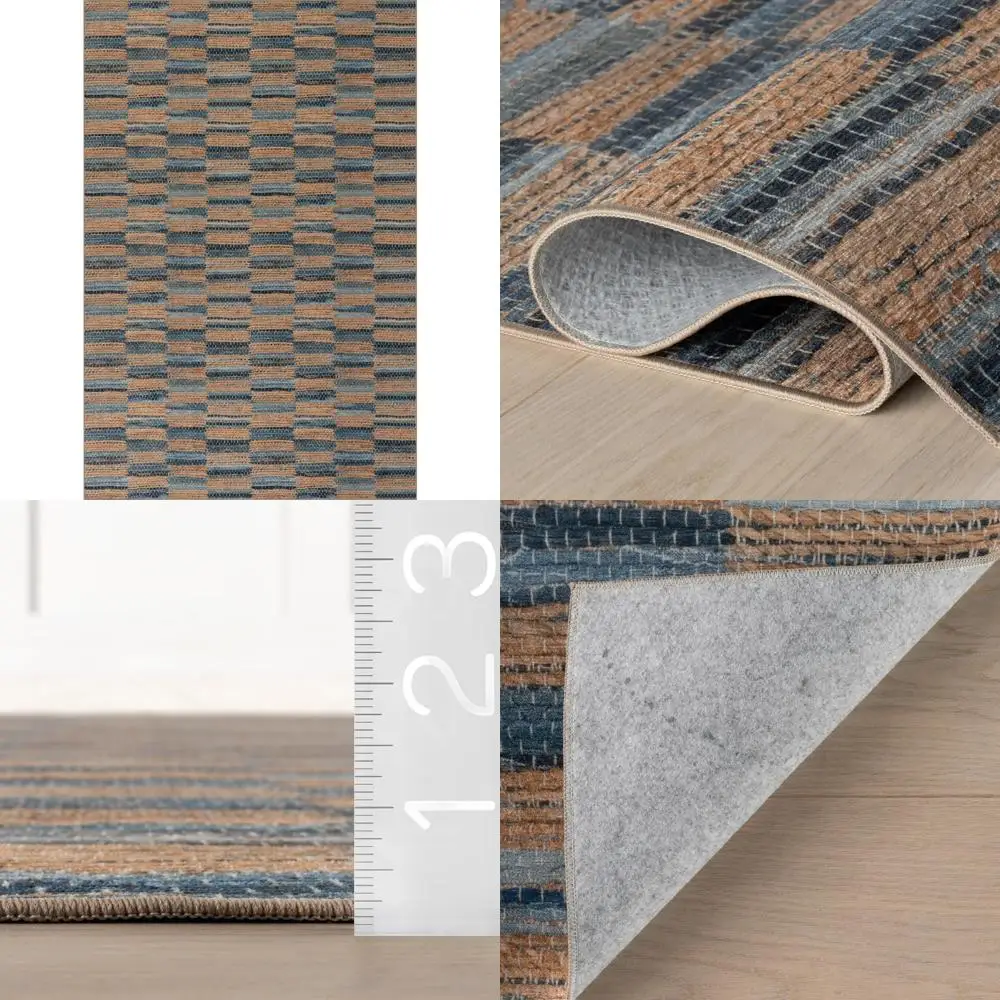 

Machine Washable Stripe Rug, 3x5 Feet, Tan and Blue Pattern, Durable and Easy to Clean for Home Decor
