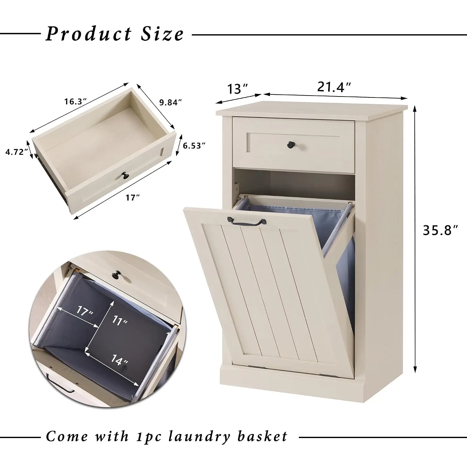 Tilt Out Trash Can Cabinet, Trash Cabinet w/Drawer, Cream | 10 Gallon Farmhouse Laundry Hamper Cabinet, Hidden, Customized