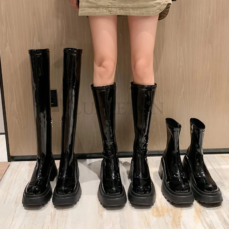 Punk Style Woman Knee- High Boots Zipper Fashion Patent Leather Long Booties Autumn Winter High Heel Ladies Shoes