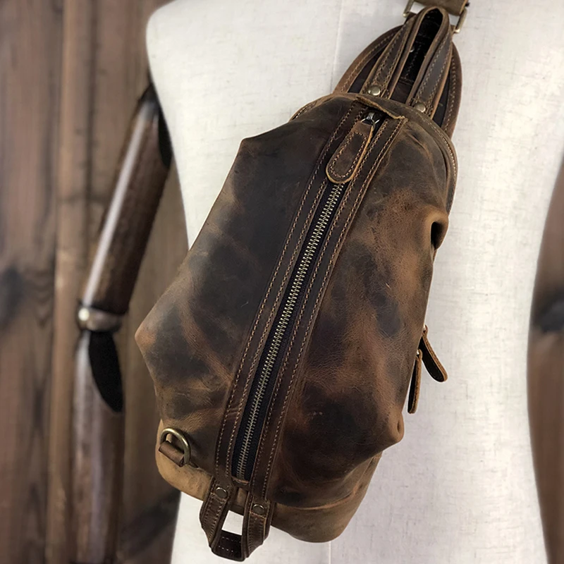 Handmade Vintage Genuine Leather Chest Bag Men Retro Cowhide Leather Shoulder Bag Male High Quality Outdoor Cross body Sling Bag