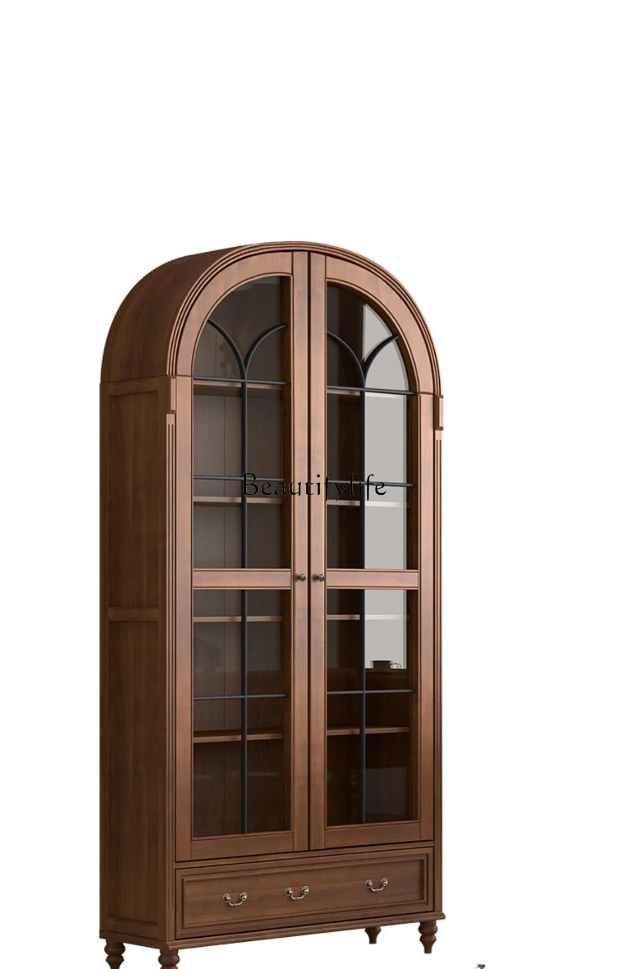 

Z.Solid Wood American Light Luxury Retro French Wind Arch Glass Door Wine Cabinet Study Bookcase