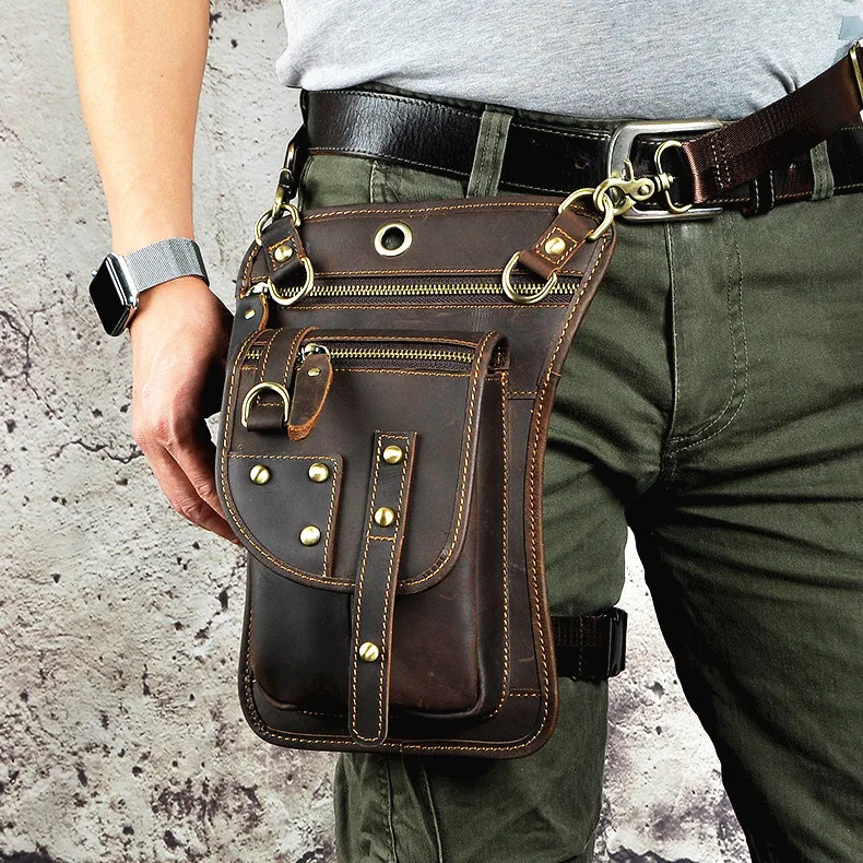 Original Design Punk Men's Waist Bag Vintage Multi-Functional Leather Sports Bag Leg Bag Cowhide Crossbody Bag