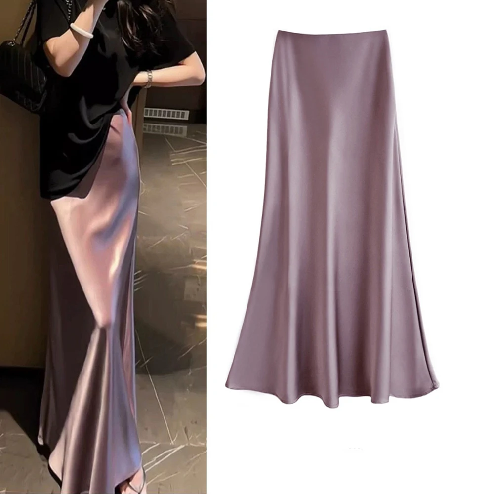 

Light Weight Black Satin Skirt Woman High Waist Elegant Long Skirts For Women Fashion Summer Midi Skirt Office Women's Skirts