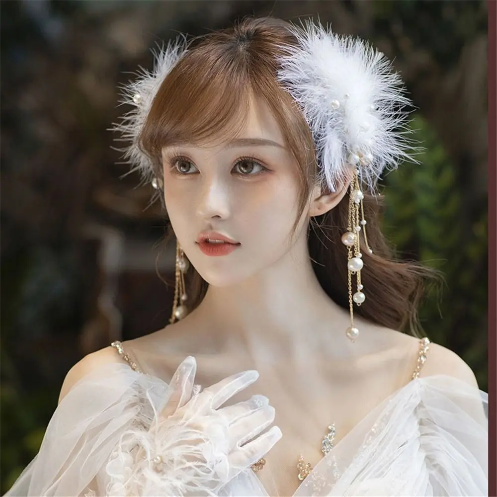 

Fashion Fairy Hanfu Hair Accessories White Ancient Style Feather Hair Clip Pearl Tassel Headpiece for Women for Women