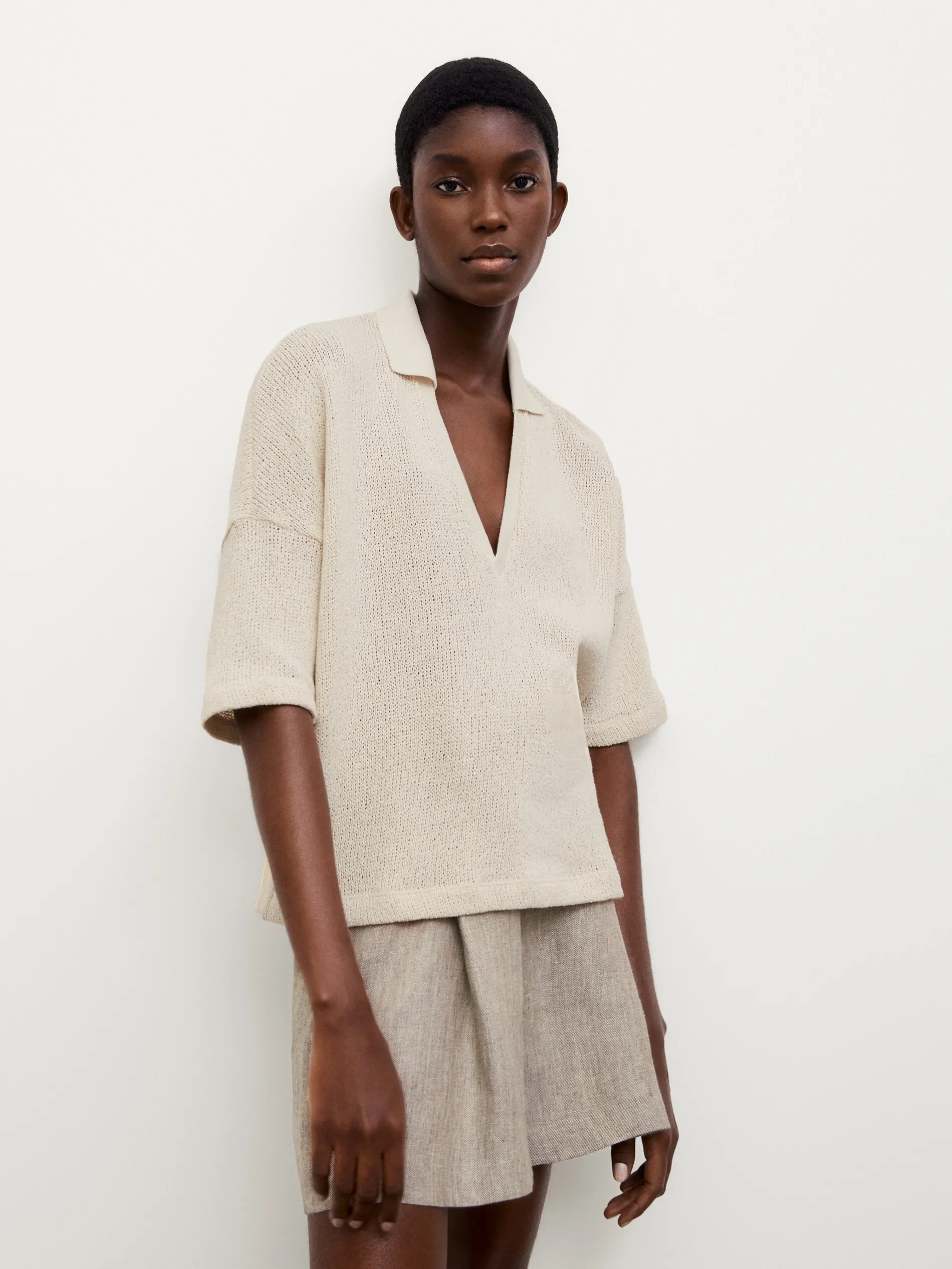 Ethereal MD 2023 autumn new style of Off-white loose version V-neck short-sleeved polo shirt