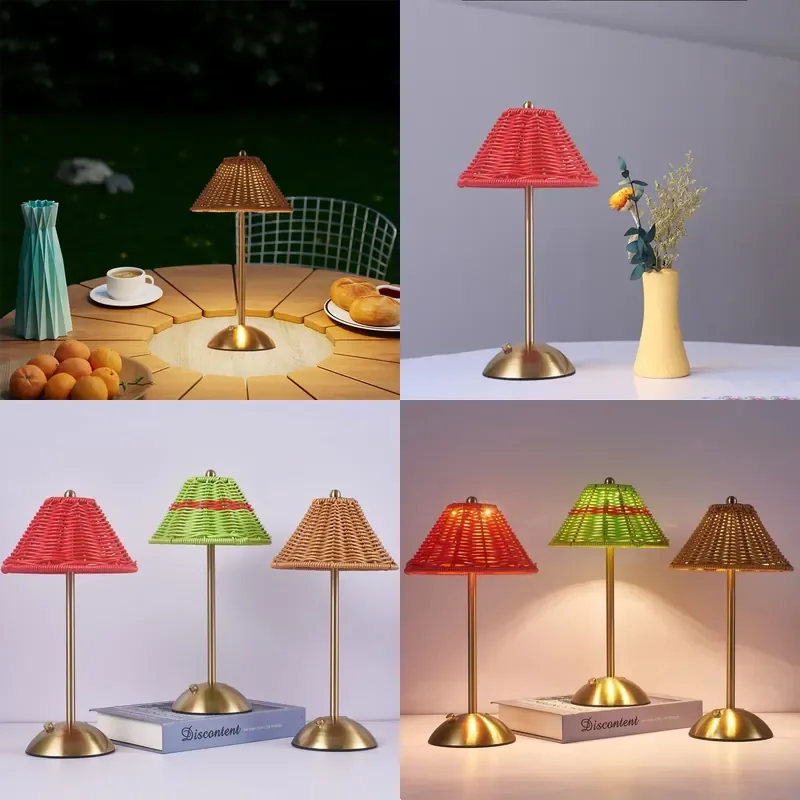 Retro Rattan-Woven Desk Lamp Rechargeable Touch-Switch Table Lamp Suitable for Home Decoration Bedside Lighting in
