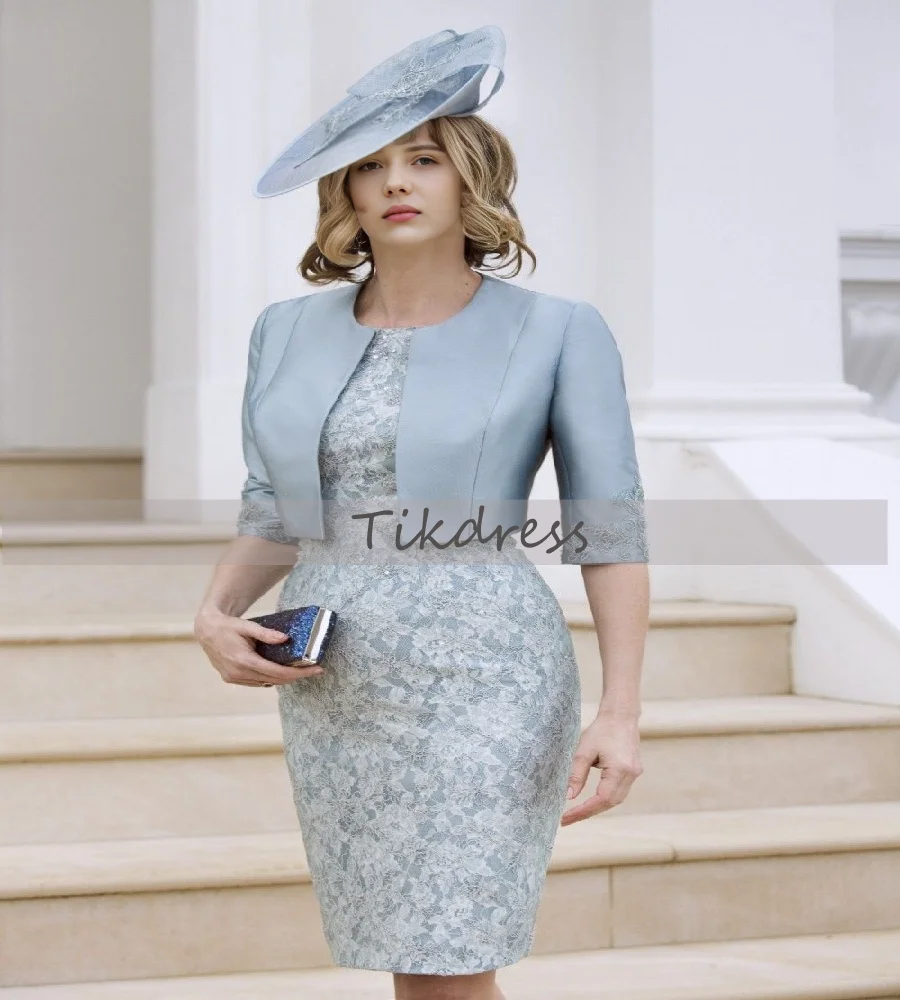 

Dusty Blue Lace Mother Of The Bride Dress With Jacket Elegant Two Pieces Satin Wedding Guest Dress 2025 Women Evening Party Gown