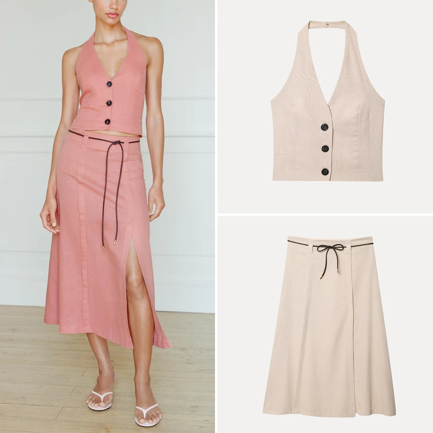 

Z 2025 Summer New Women's Faion Set V-ne ort Sve Long Pants Midi Skirt Ne Hanging Top Ele Sle