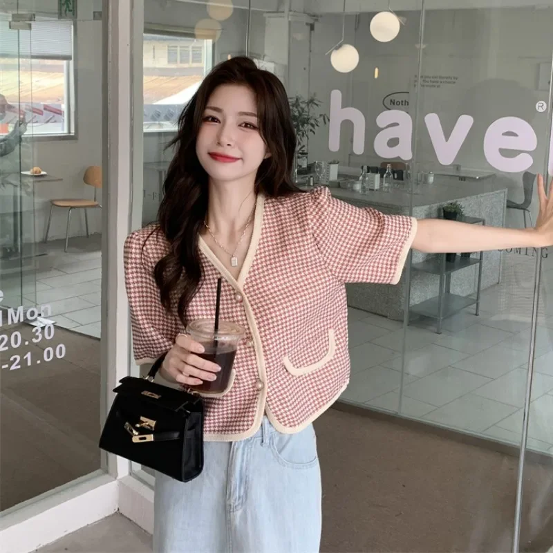 

Cute Summer Jackets Women Houndstooth Chic Casual V-neck Ins Sweet Korean Fashion Basic Female Clothing Hot Sale Short Sleeve