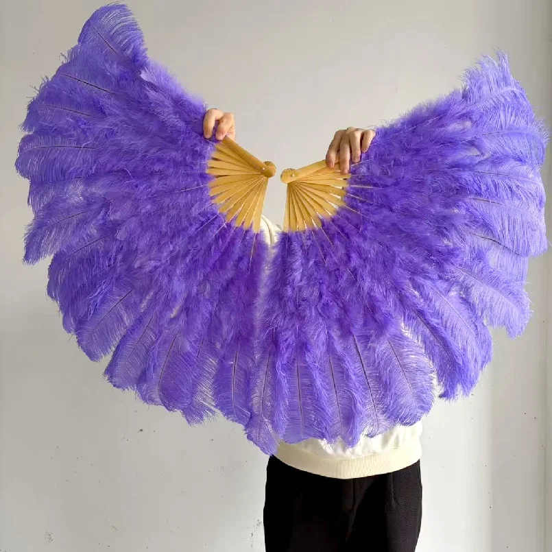 13 bonesPurple Large Ostrich Feather Fan Hand Held Dance Folding Big Plumes Fans for Performance Dance Party Stage Carnival Show