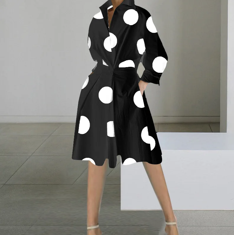 Elegant Ladies V Neck Polka Dot Button Front Belted Shirt Dress Loose Fit Daily Workwear Midi Outfit