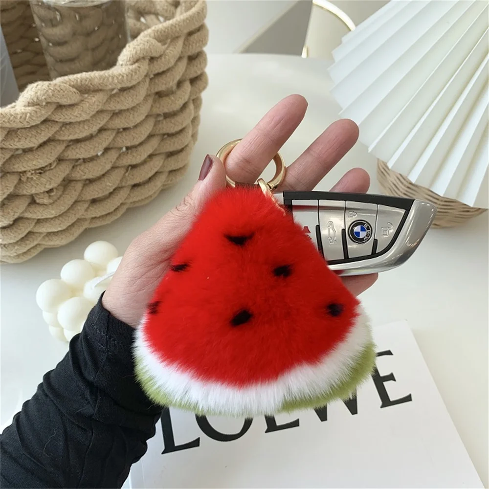 

Cute Rabbit Fur Watermelon Pendant Plush keychain Fur Woman Bag Car Key Chain Pendant Student Bags New Gifts Wholesale Keyring
