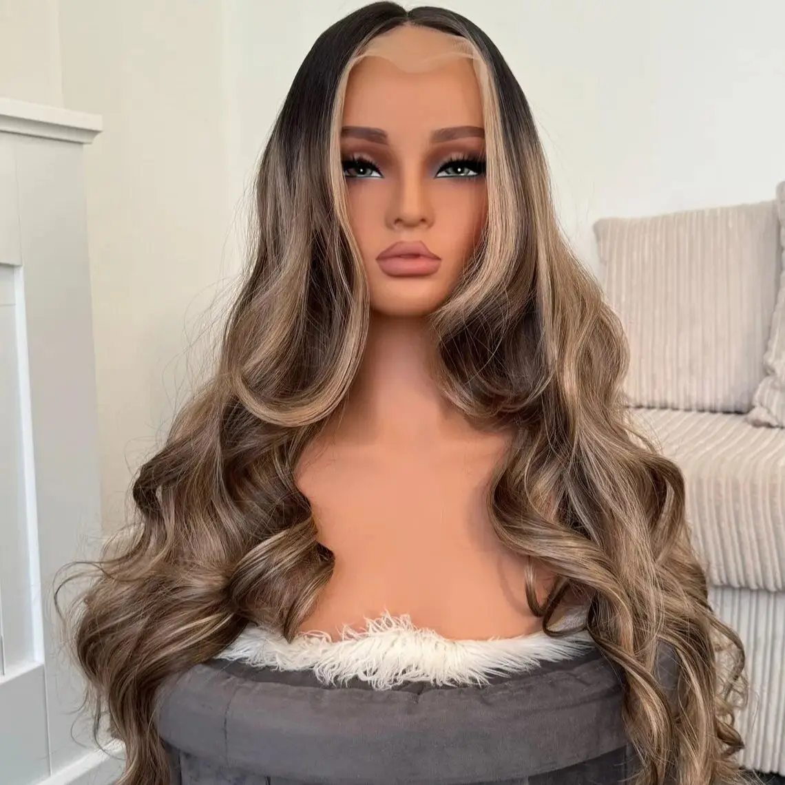 Trendy Wigs Dark Chestnut Brown Synthetic Lace Frontal Wigs With Dark Roots Highlight Long Length Body Wave Realistic Wig Female