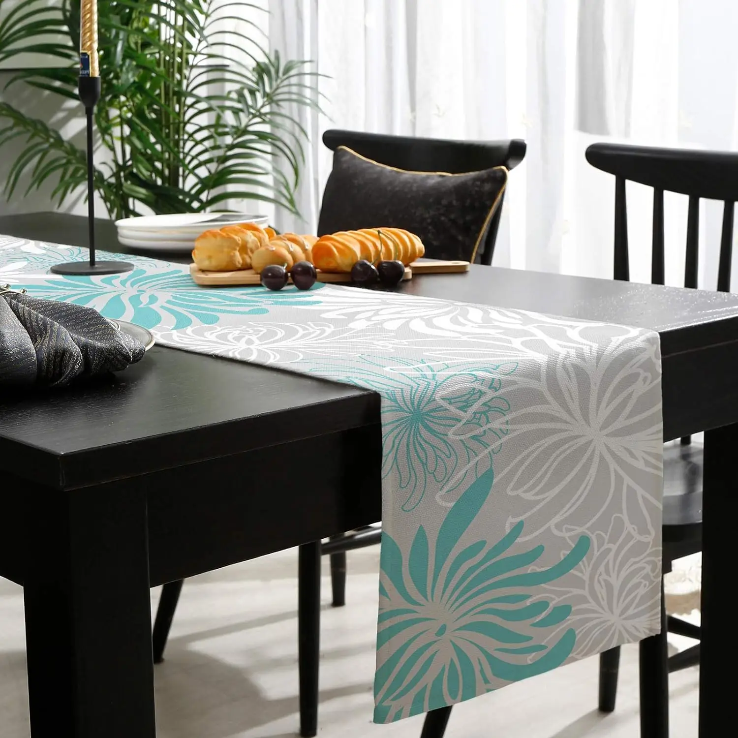 Aqua Chrysanthemum Flowers Linen Table Runners Dresser Scarves Table Runners Farmhouse Dining Table Runners Party Decorations