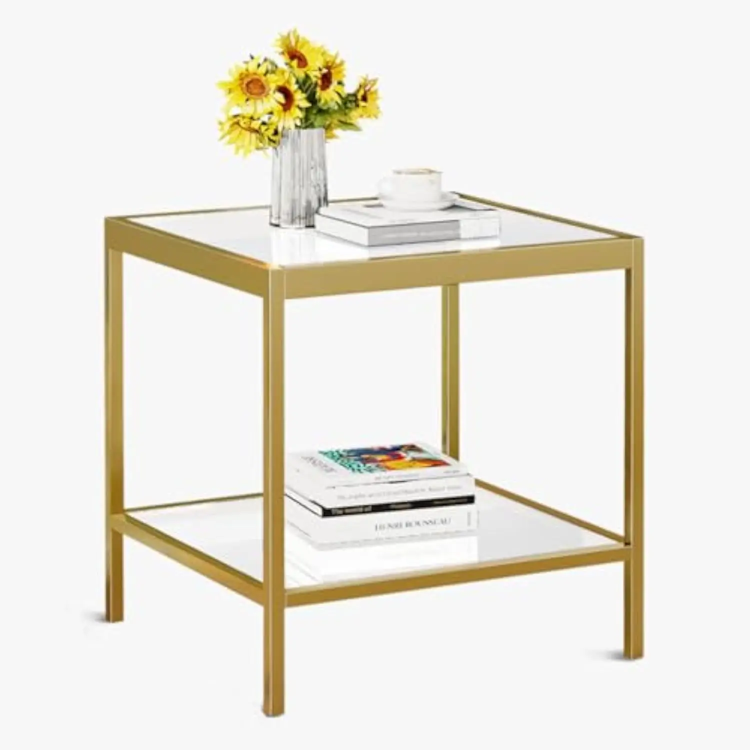 

2 Tier Square End Table Side Table with Tempered Glass Top and Gold Metal Frame Modern Night Stand for Small Spaces Side Table