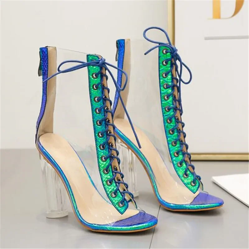 PVC Women\'s shoes transparent sandals cross lace fish mouth sandals 11cm thick heel Lace Up Round Toe