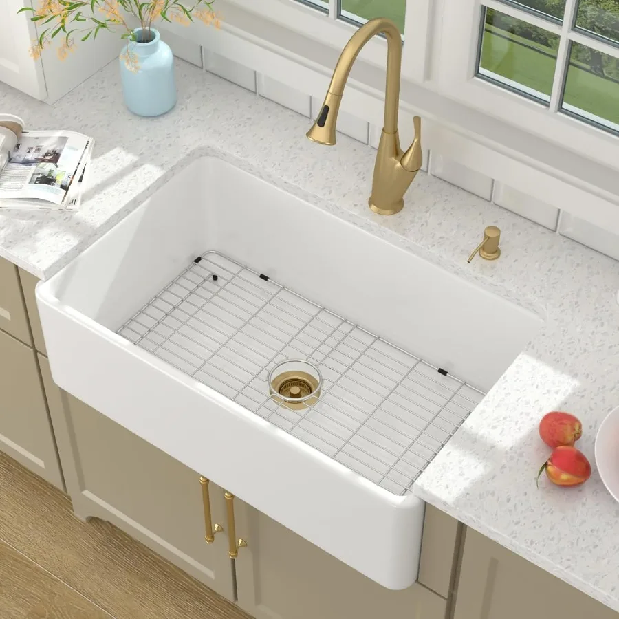 

33 Inch White Farmhouse Sink Apron Front Reversible Solid Fireclay Sink for Kitchen Renovation Farmhouse Style with Gold Drain