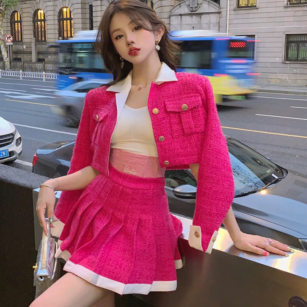 Rose Pink Elegant Slim Skirts Suit Two Piece Sets Women Fashion Tweed Short Jacket Blazer + Sexy Mini Pleated Skirt Sweet Suits