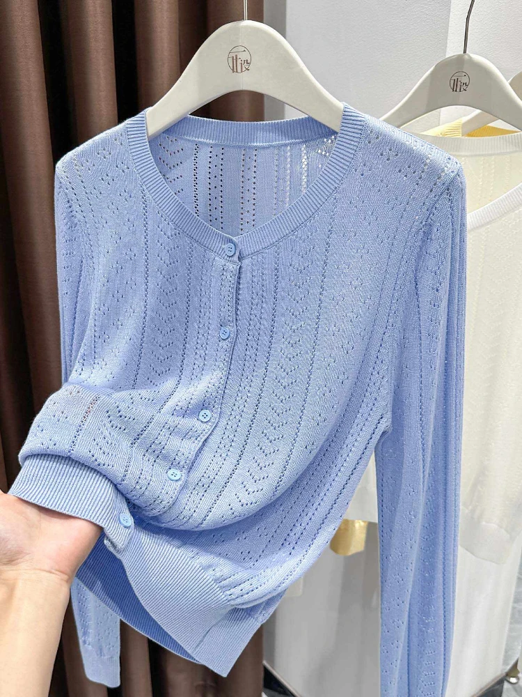 

2026 Summer New Pink Hollow Out Knit Cardigan For Women Long Sleeve Button Sun Protection Cover Up Slim Fit Lyocell Fashion Top