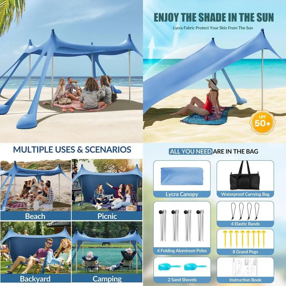 

Portable Beach Canopy with 8 Sandbags, 4 Poles, and Carry Bag - Quick Setup Sun Shelter for Outdoor Activities