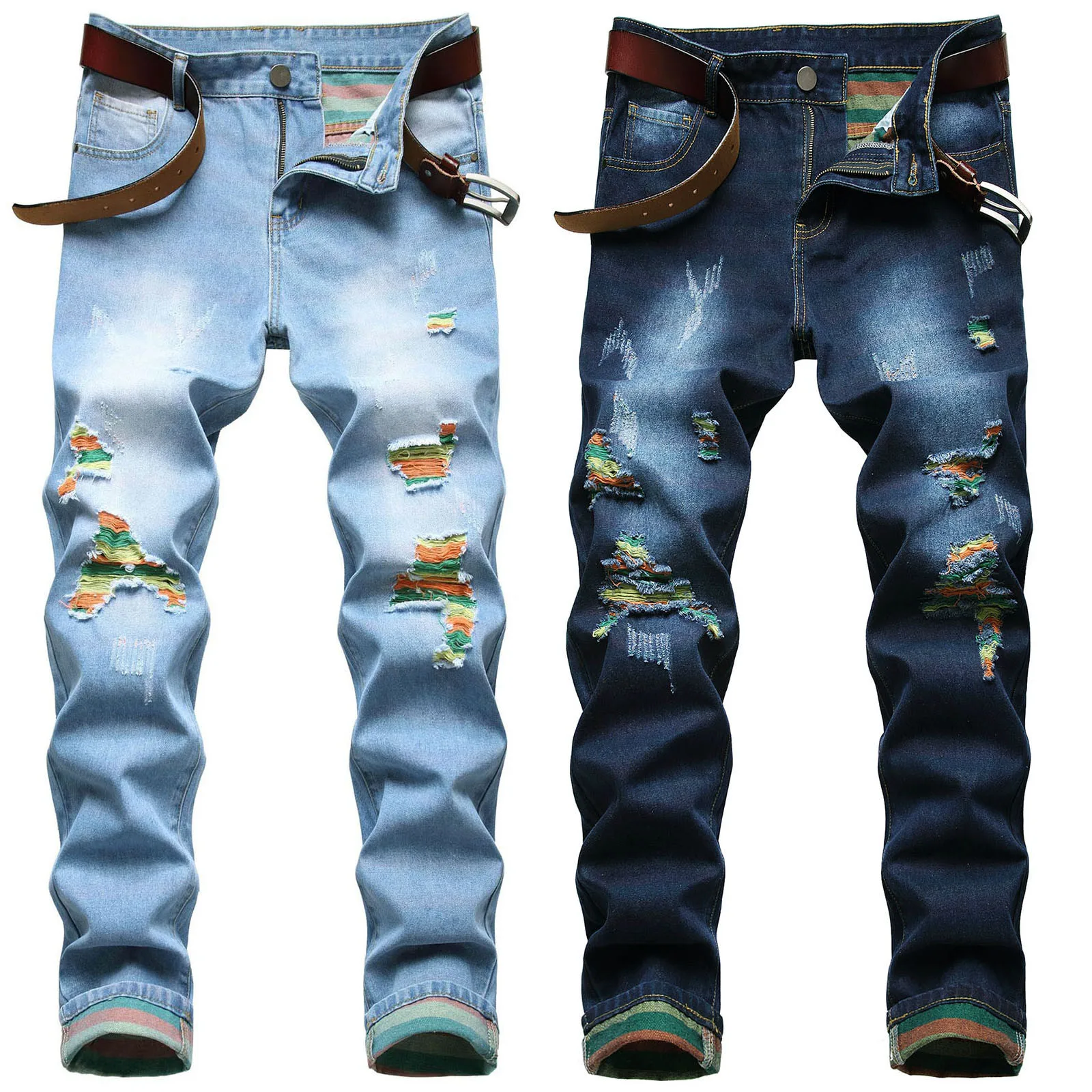 Mens Fashion Casual Fashion Ripped Straight Fit Rainbow Jeans Jean Mens