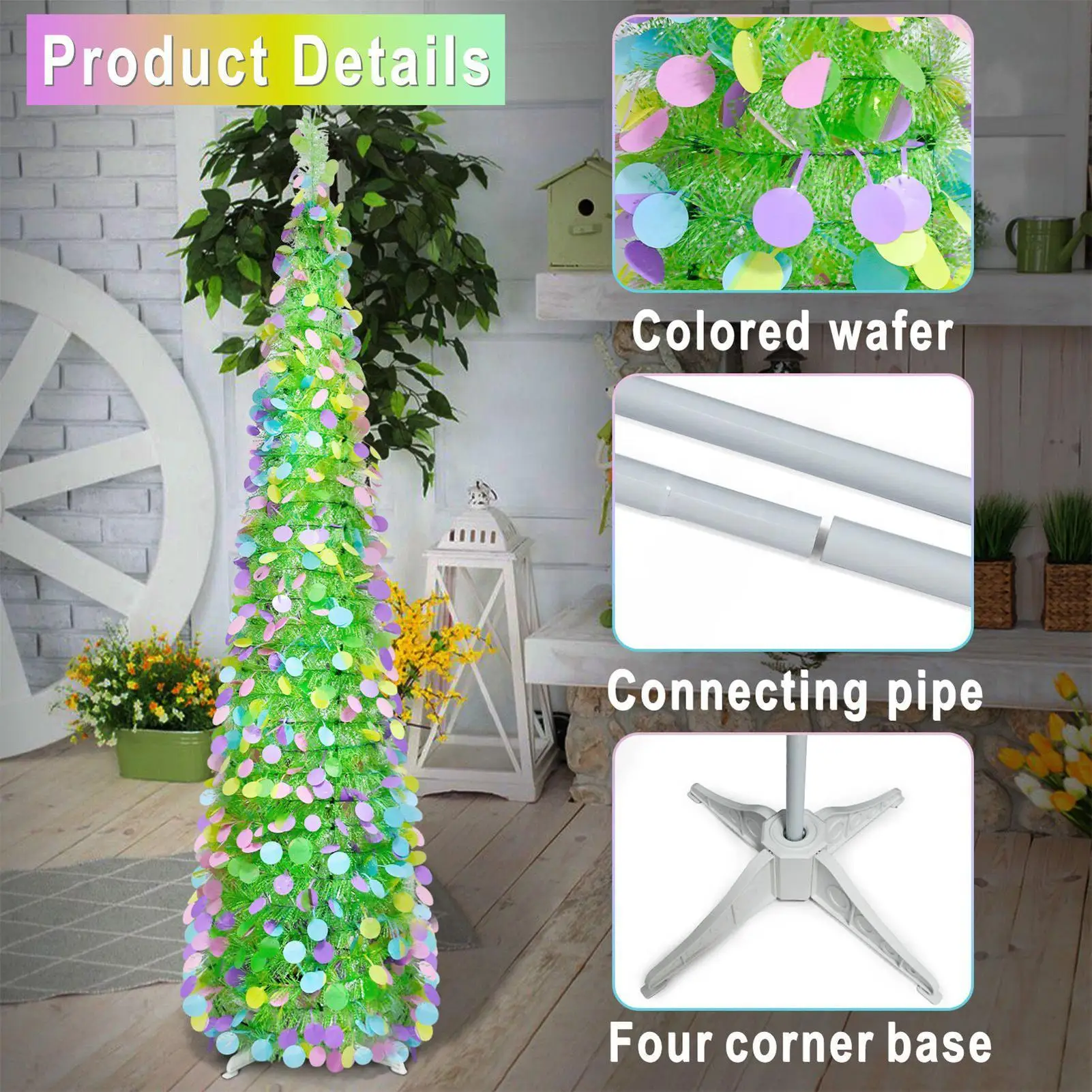 

Пасхальное дерево 4,9 фута, складное пасхальное декоративное искусственное дерево с красочными блестящими кругами для дома, гостиной, вечеринки, праздника, весны