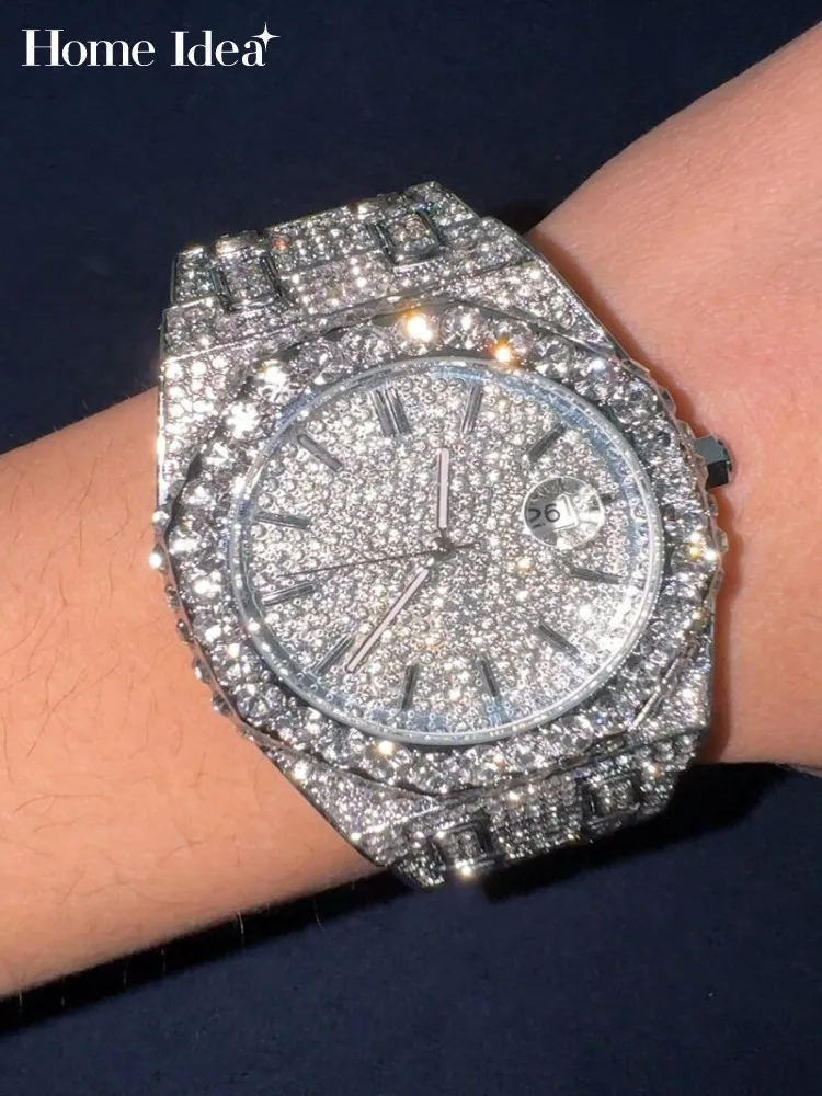 

Мужские кварцевые часы класса люкс с бриллиантами, блестящие, в стиле хип-хоп, с кнопкой-защелкой, скрытой застежкой, круглым модным дизайном, для вечеринок, наручные, мужские