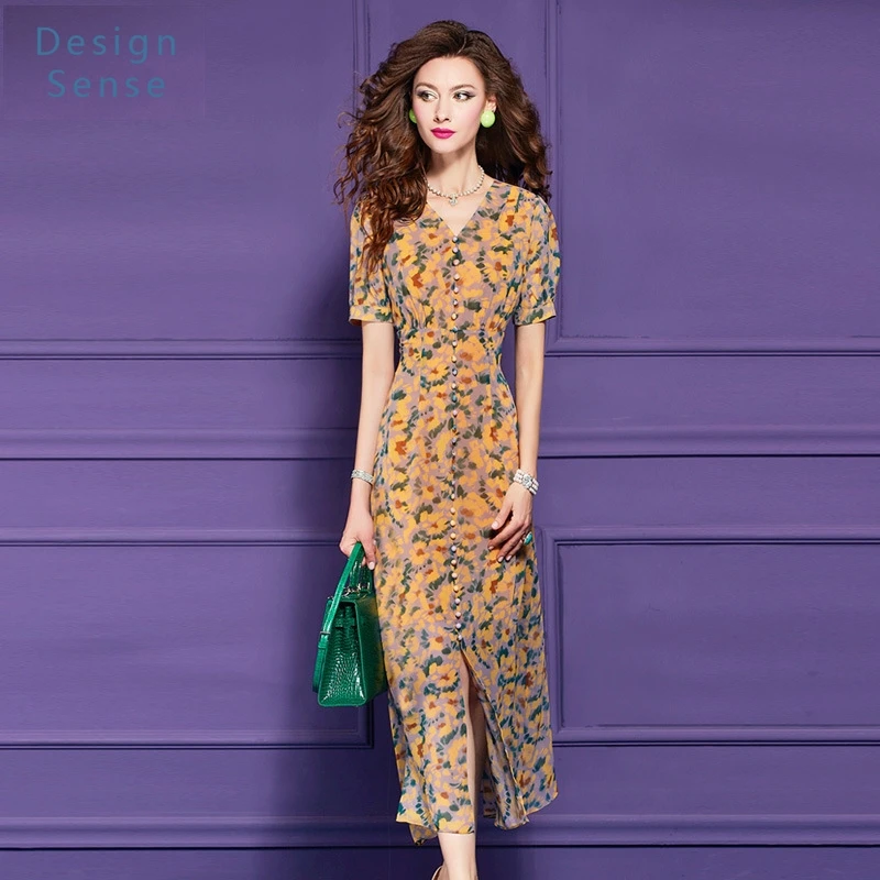 

High Quality Women's Commuting Wear Printed Yellow Dress Short-Sleeved Summer French Retro Waist Collar Long Skirt