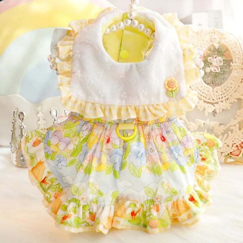 Puppy Dog Cat Clothing Pink Yellow Flower Print Lolita Party Dress For Small Medium Dog Fashion Thin Cotton Overalls Pet Clothes