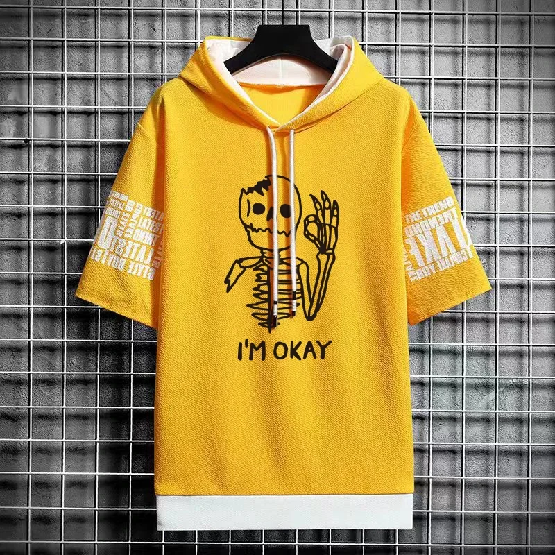 Short Sleeve Hoodies 2024 Summer Men Clothing Sweatshirts American Fashion Harajuku Men Streetwear Print Skulls Hoodies Men New