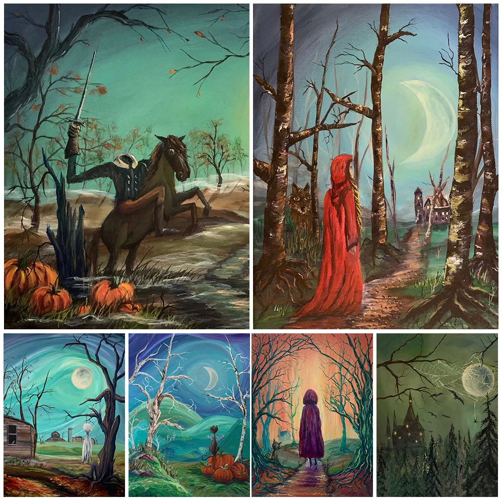 Haunted House Spooky Landscape Paintings Black Cat And Black Cat Wall Art Canvas Print Scary Art Surrealism Art Poster Print
