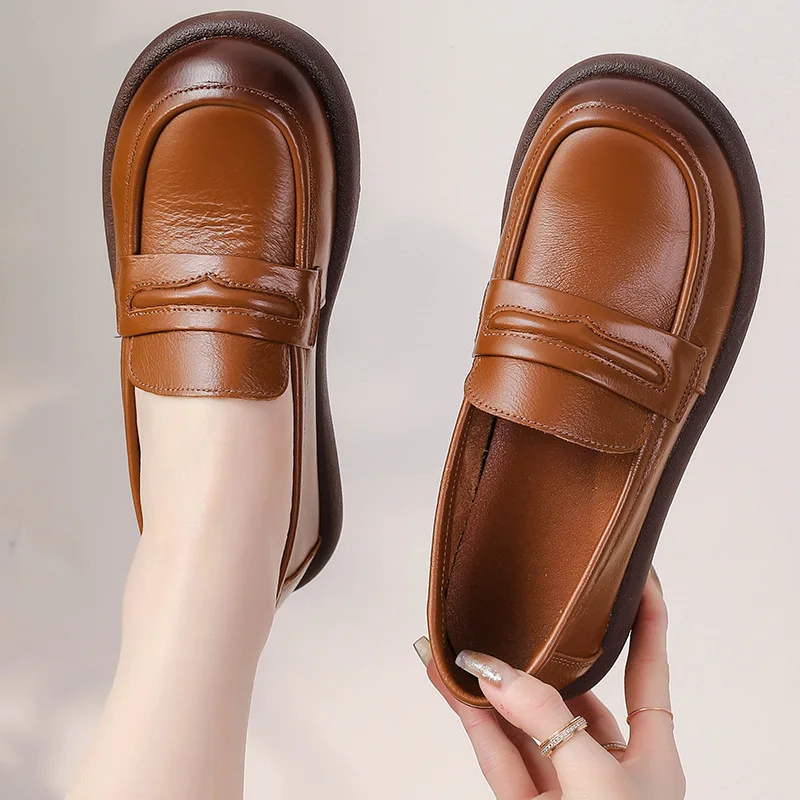 Koeienhuid Damesschoenen Mode Mid Hak Dikke Zolen Echt Lederen Retro Loafers Lente Herfst Platte Vrouwen Singles Schoenen Moeder Schoenen