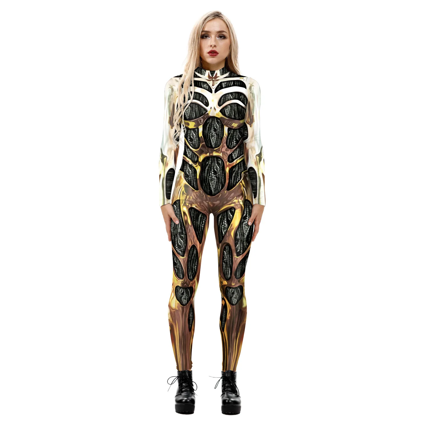 Macacões de impressão 3D de Halloween para mulheres, calças cosplay, manga comprida, bodysuit sexy magro, macacão, roupas Y2K