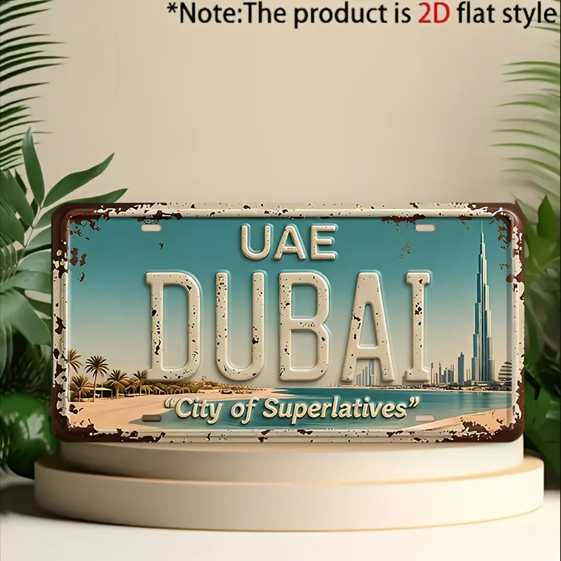 2D Flat 1pc Vintage Dubai Metal Decorative Plaque, Rustic Wall Decor, Suitable for Garages, Bar, Home, Ideal for Car Enthusia