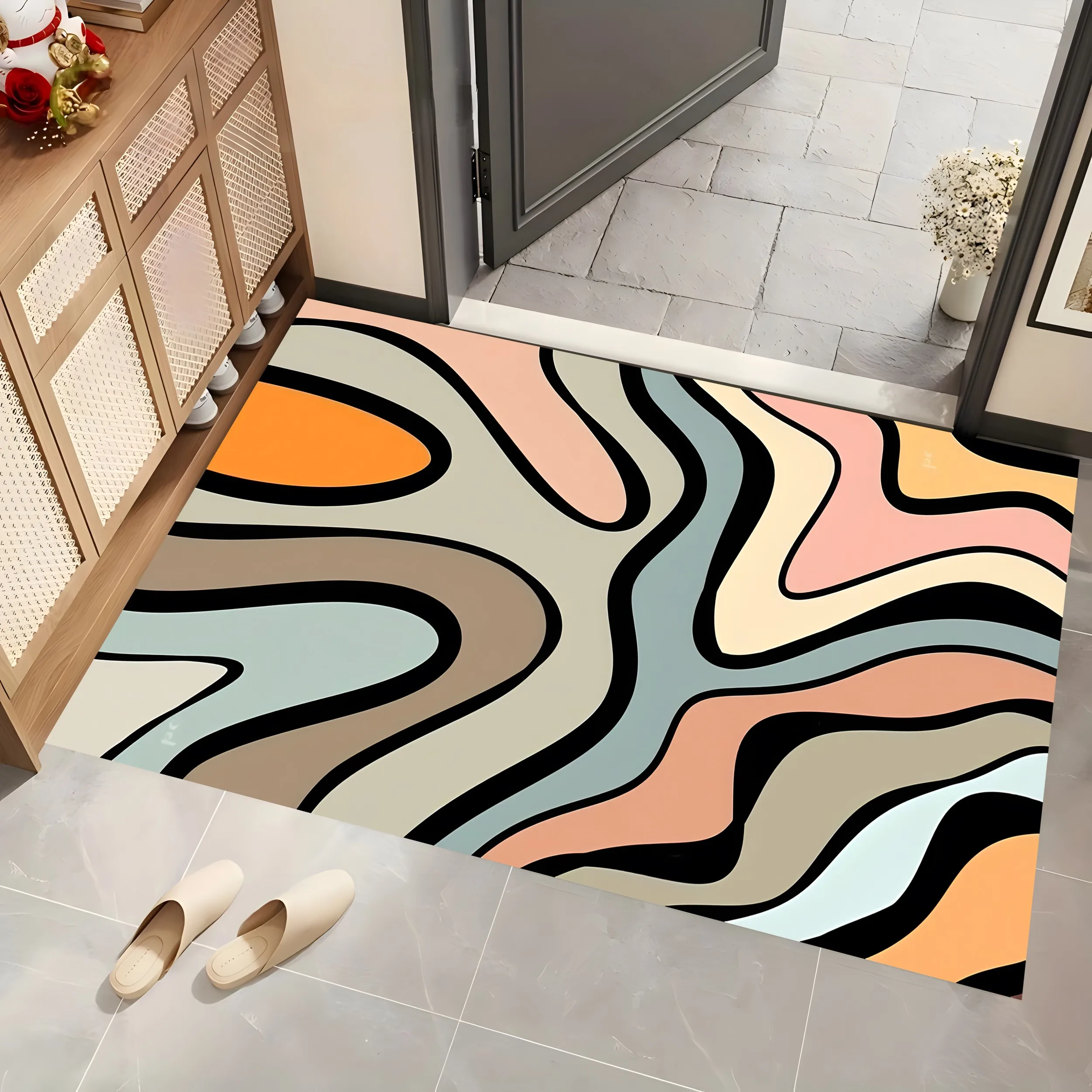 Large Area Rug with Morandi Color Blocking and Flowing Wave Pattern, Modern Minimalist Style, for Living Room Bedroom