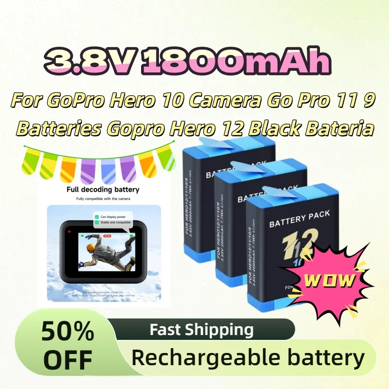 

For GoPro Hero 10 Camera Go Pro 11 9 Batteries Gopro Hero 12 Black Bateria High-Performance 3.8V 1800mAh Rechargeable Battery