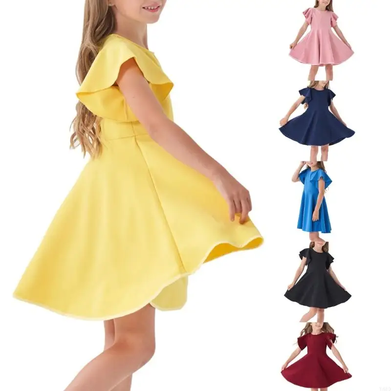 

Y88D Girls Ruffle Drieve Dress Элегантные твердые цветные платья для весеннего лета Удобное дышащее ткани повседневное платье