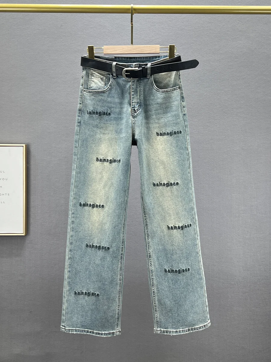 

Модные женские джинсы с высокой талией и прямыми штанинами, весна 2024, новые свободные облегающие длинные брюки с вышивкой букв